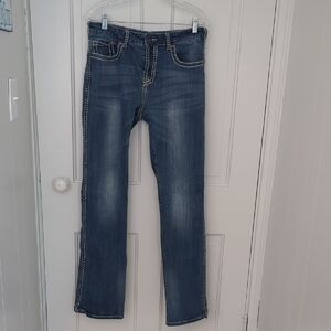 Cowgirl Tuff Dark Blue Distressed Straight Leg Jeans Size 32 Waist